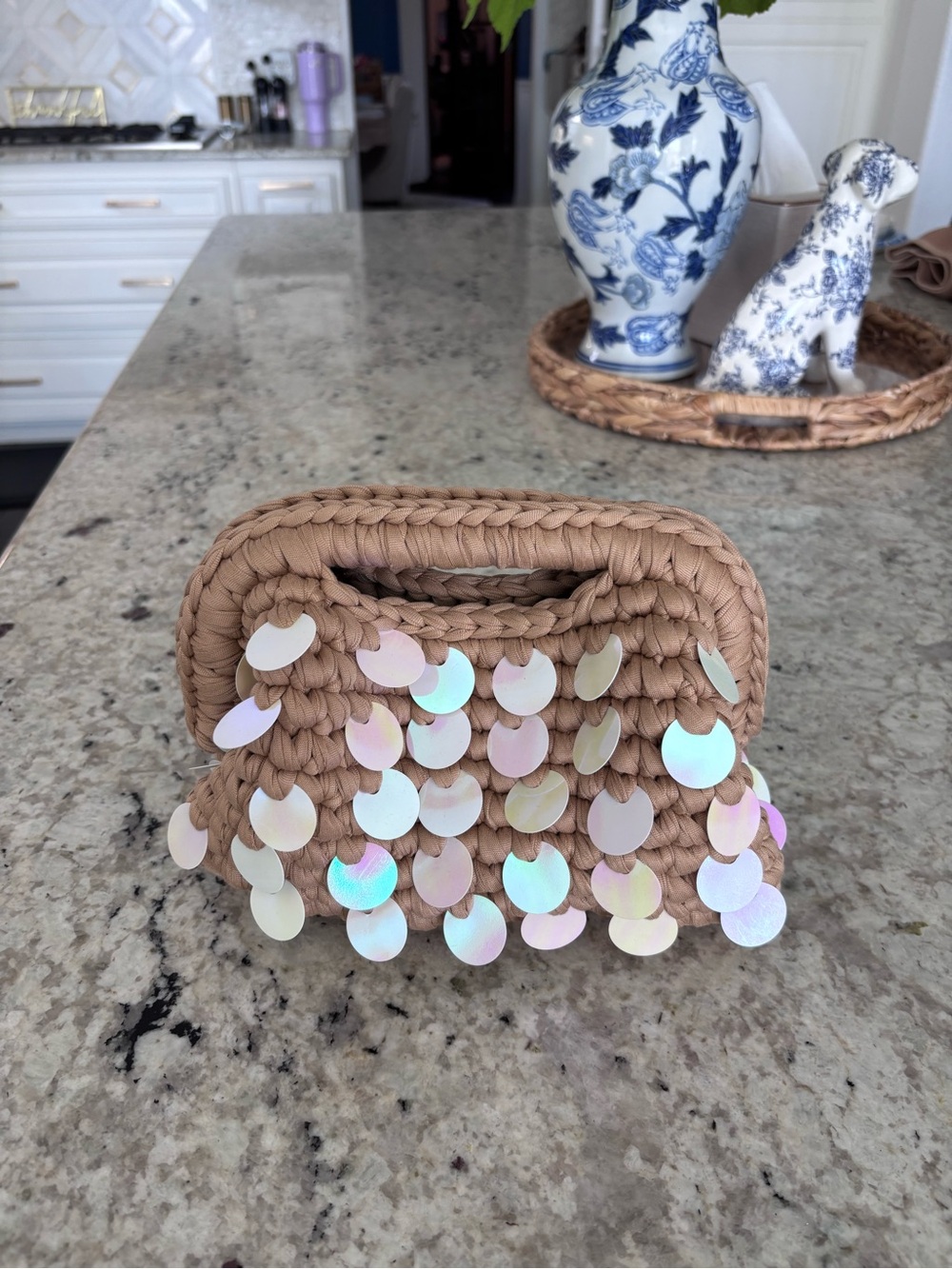 NEW Hand-Crocheted Tan Clutch with Iridescent Sequins